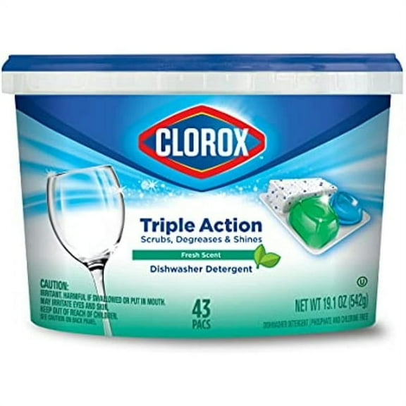 Clorox Triple Action Dishwasher Detergent Pacs, 43 Count Dishwashing Pacs, Fresh Scent