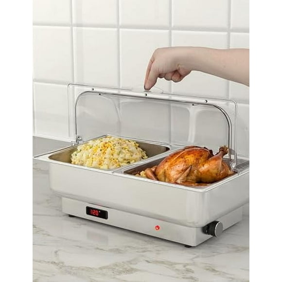 2 Pack Electric Chafing Dishes 9 QT Adjustable Temp Roll Top Food Warmer with Full Size Pan, Stainless Steel Buffet Servers and Warmers