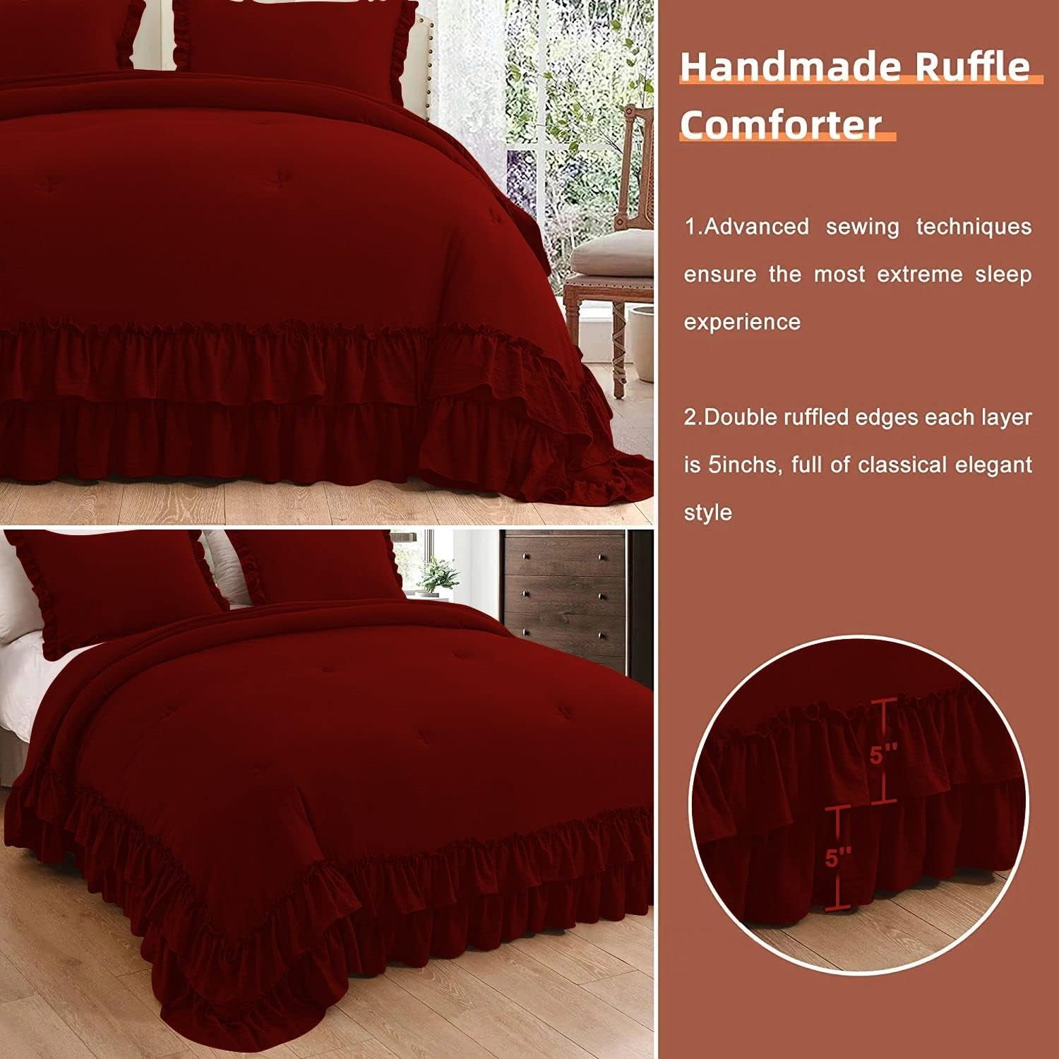 5 Piece Luxury 5 Inch Two Layer Ruffle Comforter 550 GSM All Season (Oversized Queen Size) Premium Super Soft - 800 TC, 100% Egyptian Cotton- Solid Burgundy Colour