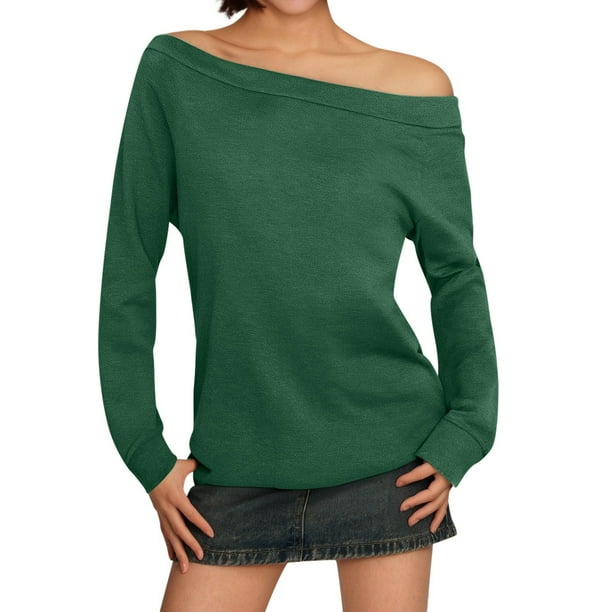 Blusa de manga larga con hombros descubiertos para mujer - Camiseta informal de verano de color liso