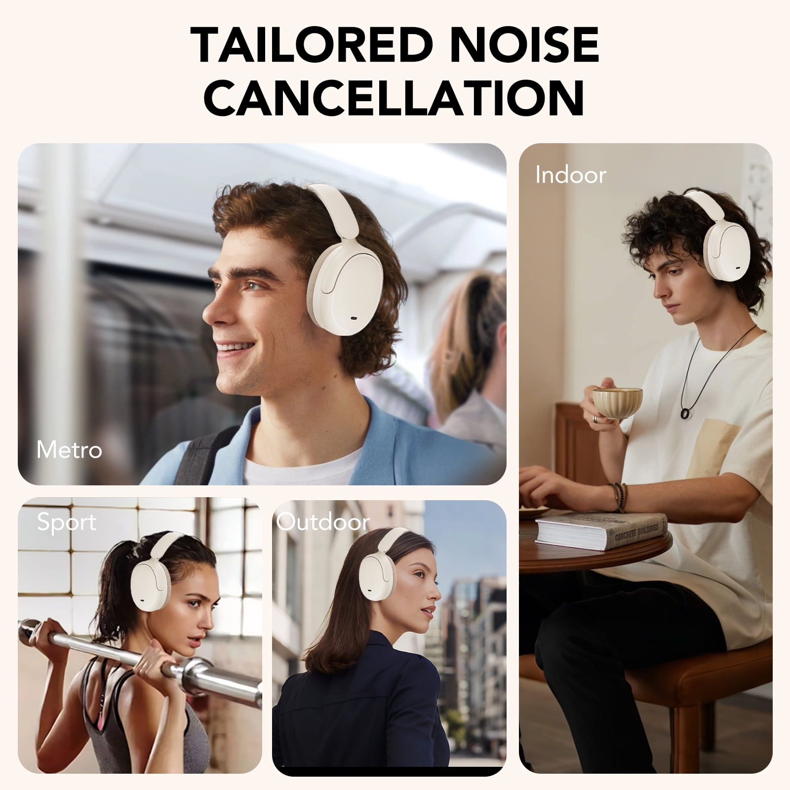 Hybrid Active Noise Cancelling -45dB, Bluetooth Headphones 5.4, 50H Playtime, Clear Call with 4 Mics, Bass Boosted by 90%, Comfort Fit Over Ear Headphones for Travel Home Office PC Beige