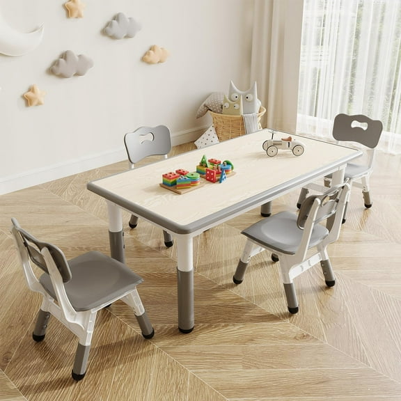 Towallmark 47.2" x 23.6" Kids Table and 4 Chairs Set, Height Adjustable Toddler Table Set for Ages 3-10, Childrens Activity Table with Graffiti Top, Non Slip Legs, 300Lbs Capacity