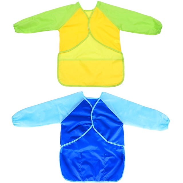 2 delantales de manga larga para pintar, impermeables, recubiertos de PVC, antiincrustantes, para niños (azul y amarillo)