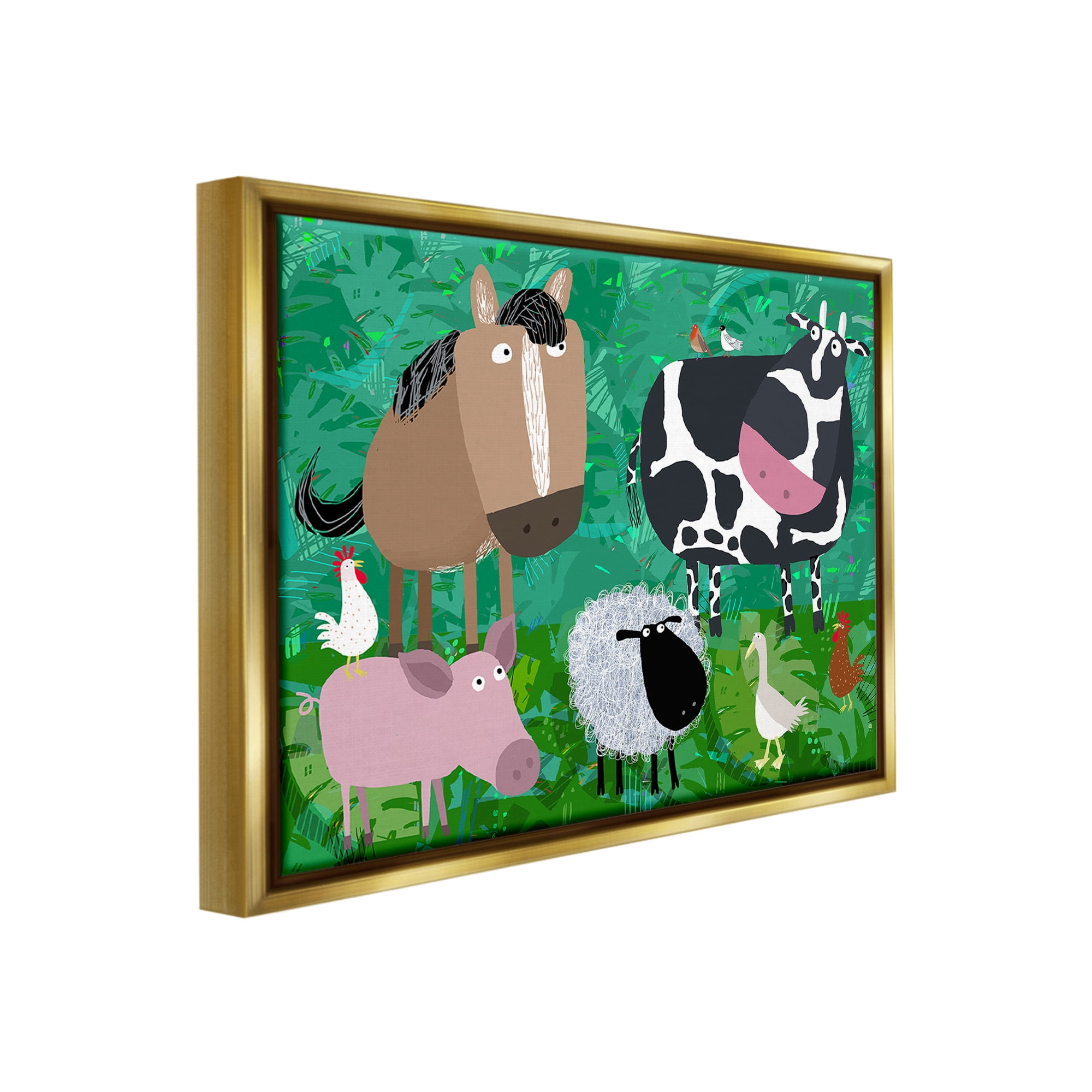 Stupell Industries Farm Animals & Leaves Animals & Insects Painting Gold Floater Framed Canvas Art Print Wall Art, 31 x 25