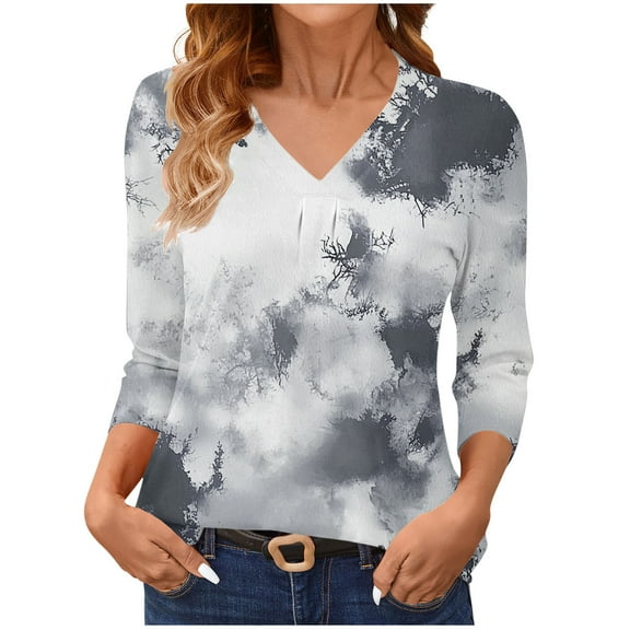 Ruimatai Women's 3/4 Sleeve V-Neck T-Shirt Casual Printed Blouse Soft Stretch Polyester Top Tee Shirt for Daily Wear