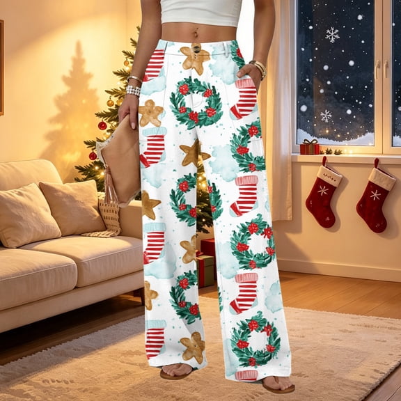 2026 Women's Loose Fit Christmas Print Pajama Pants for Sleep and Casual Home Wear Comfy Long Wide Leg Lounge Pants