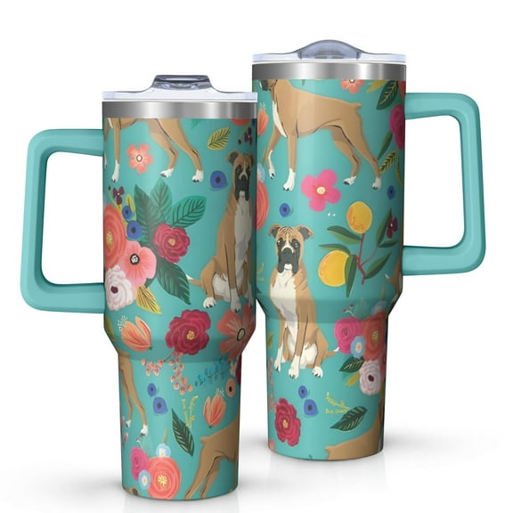 OBREWU BoxerDog and Floral Tumbler with Handle and Lid,BoxerDog and Floral 40oz Double Wall Vacuum Insulated Tumbler,Cups Gift for Women and Men