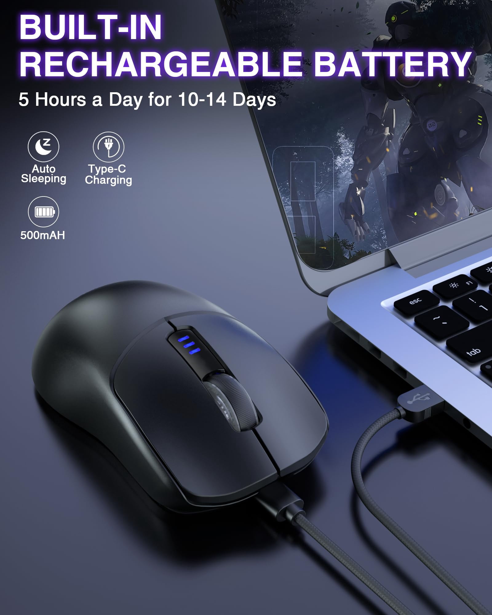 Sc580 Wireless Gaming Mouse  Tri-mode 2.4g/bt5.0/usb-c 12000 Dpi Rechargeable With 6 Buttons Computer For Laptop/pc/mac/tablet