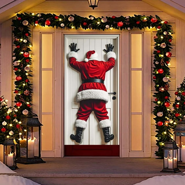 Christmas Door Curtain Decoration, Waterproof Polyester Door Cover with Santa Scene Print, Easy Hanging Holiday Background for Home Entryway, Storefront, Party, Indoor Outdoor Christmas Decor