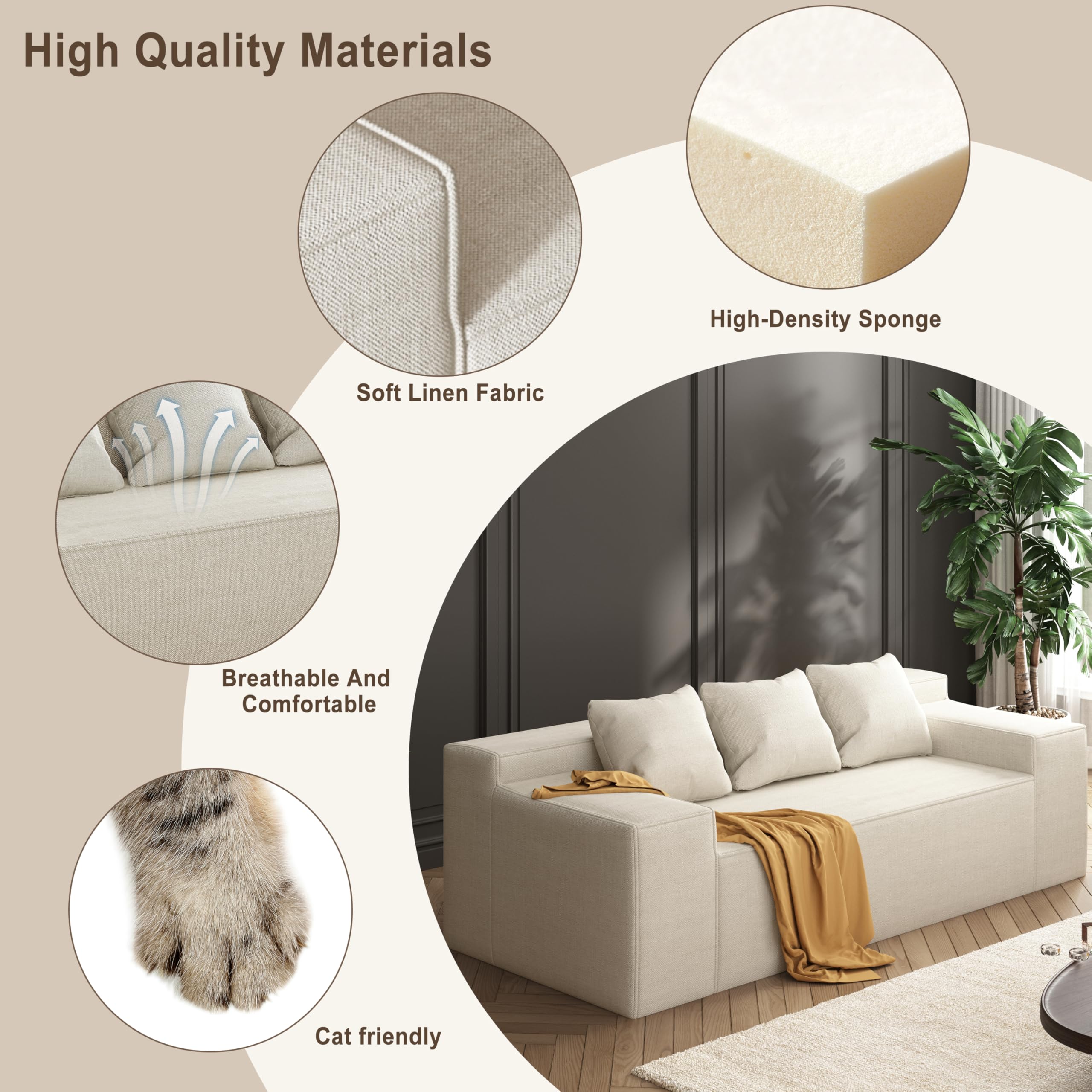 Modern 3-Seater Sofa, Hybrid Sofa in a Box, No Assembly Required, Comfy Sofa Couch with 3 Matching Pillows, Couch for Living Room or Bedroom, Beige