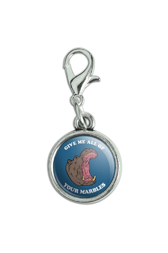 Give Me All Of Your Marbles Hippo Funny Humor Antiqued Bracelet Pendant Zipper Pull Charm with Lobster Clasp
