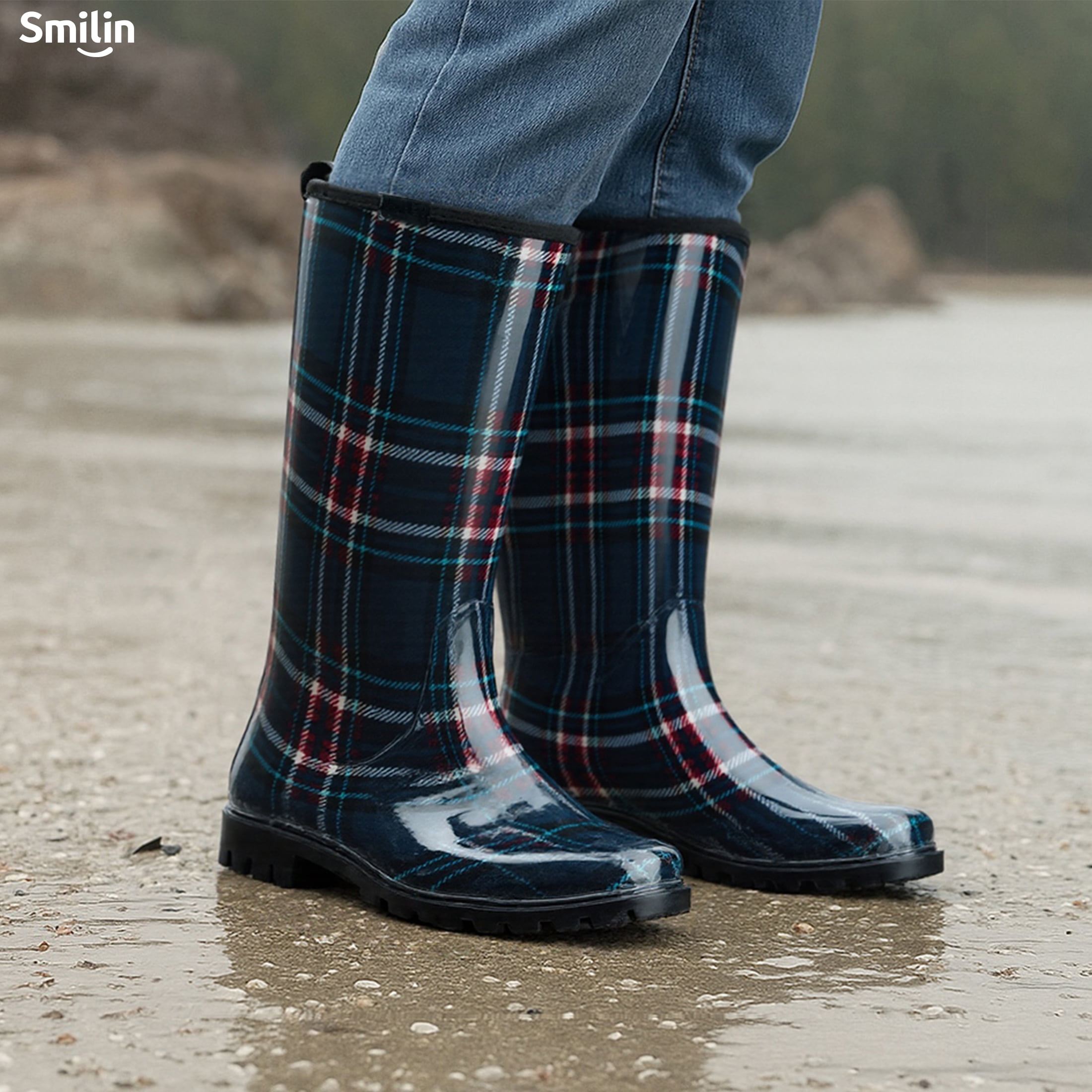 SMILIN Colorful Rain Boots for Women,Mid-Calf Waterproof Anti-Slip Slim Calf Garden Shoes,Blue Plaid,US Size 6
