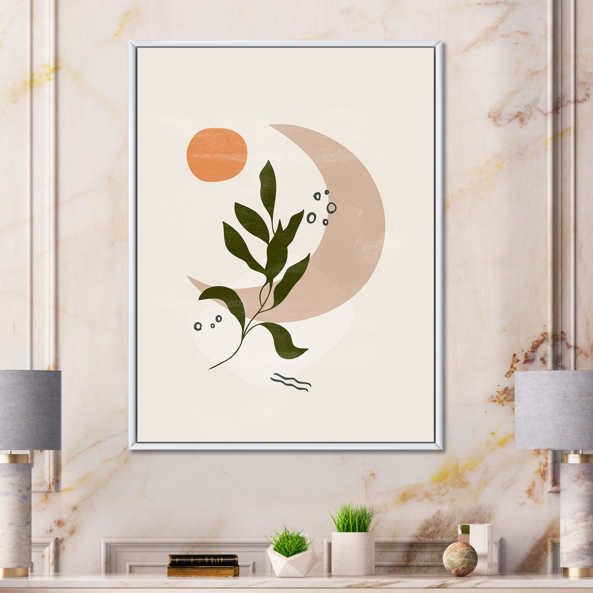 Designart 'Abstract Geometrical Leaf With Moon I' Modern Framed Canvas Wall Art Print