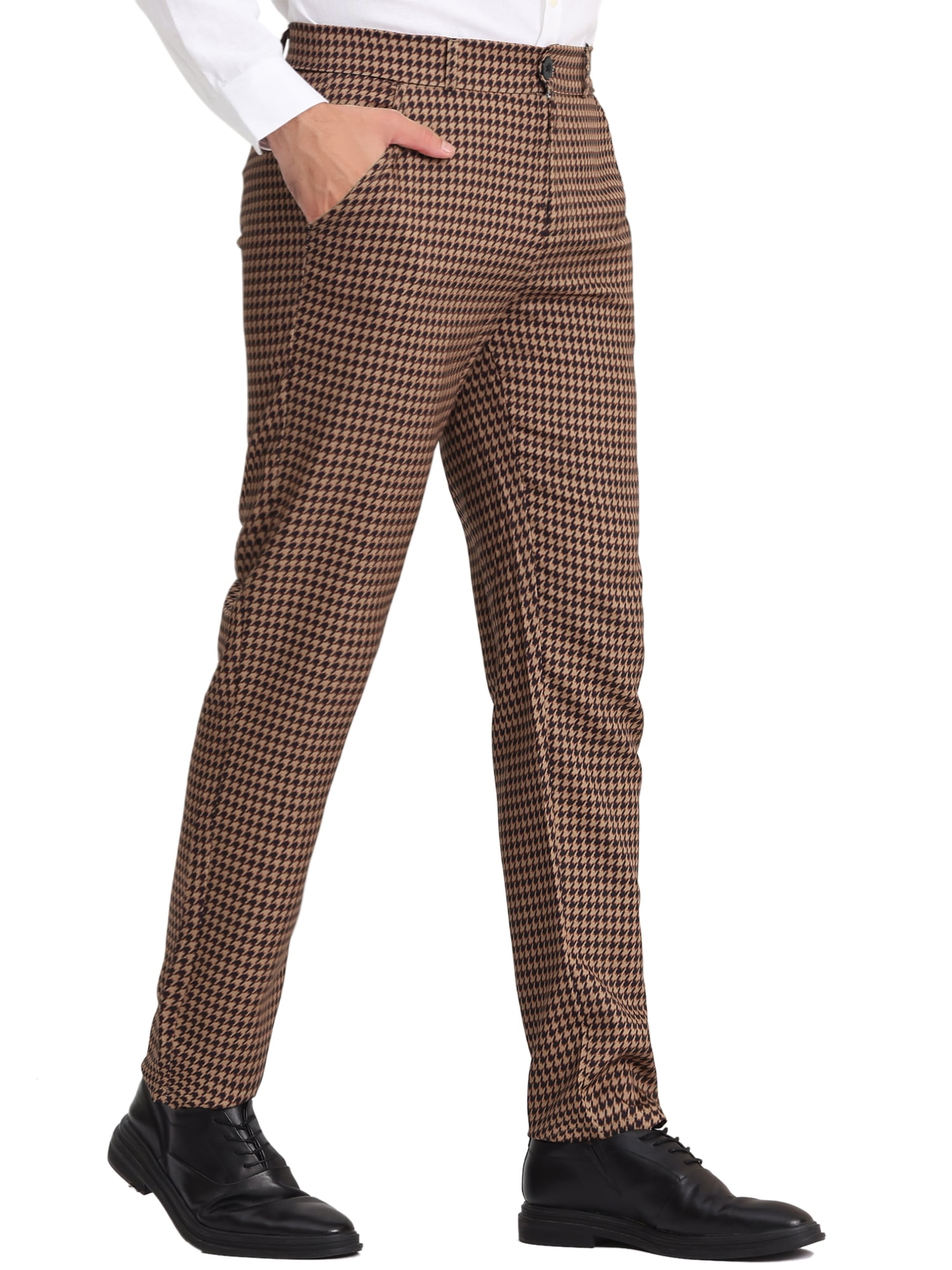 Unique Bargains Men's Geometric Printed Color Block Flat Front Dress Pants 36 Brown