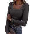 thumbnail image 2 of Camisetas informales ajustadas de punto acanalado con cuello redondo y manga larga para mujer, 2 of 5