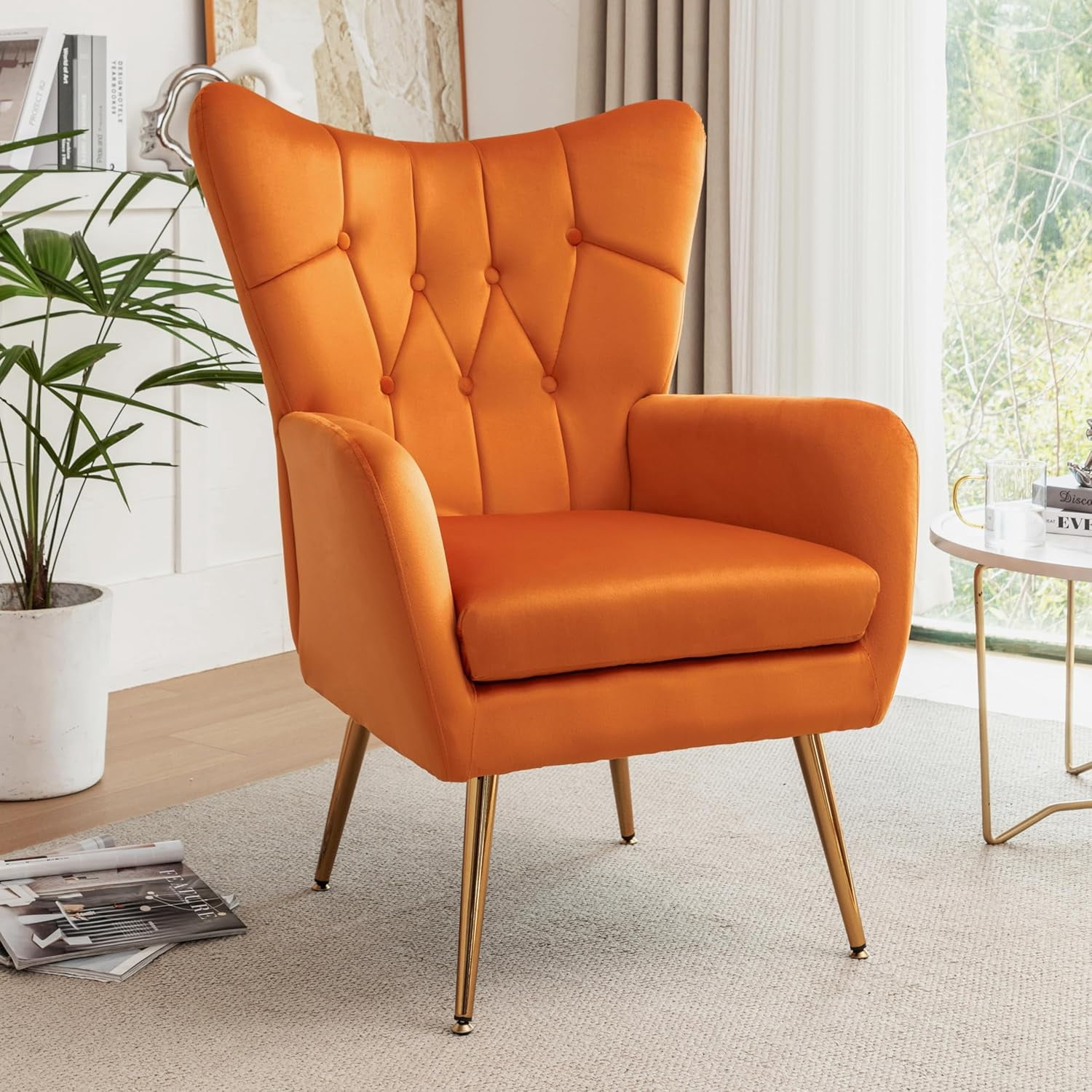 US Pride Furniture Modern Chic Mid-Century Velvet Accent Armchair for Living Room Bedroom or Home Office Button-Tufted Wingback Design with Gold Flared Legs Orange
