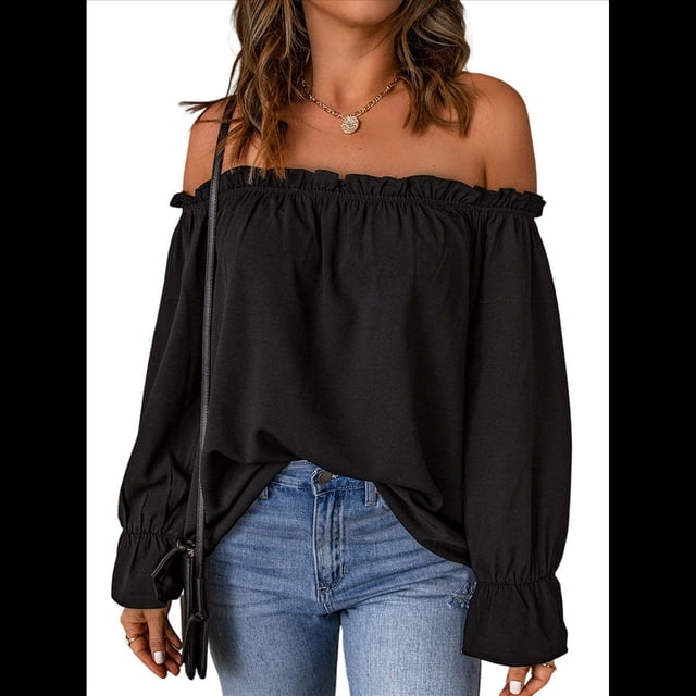 Blusa Informal Holgada de con Hombros Descubiertos y Volantes de Larga para Mujer. Negro XXXL