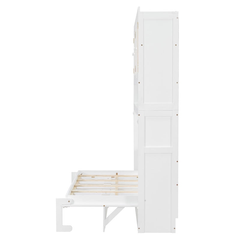 Twin Size Storage Murphy Bed with Cabinets w/ Rattan Door, Foldable Platform Bed Frame with Built-in Light & Charge Station