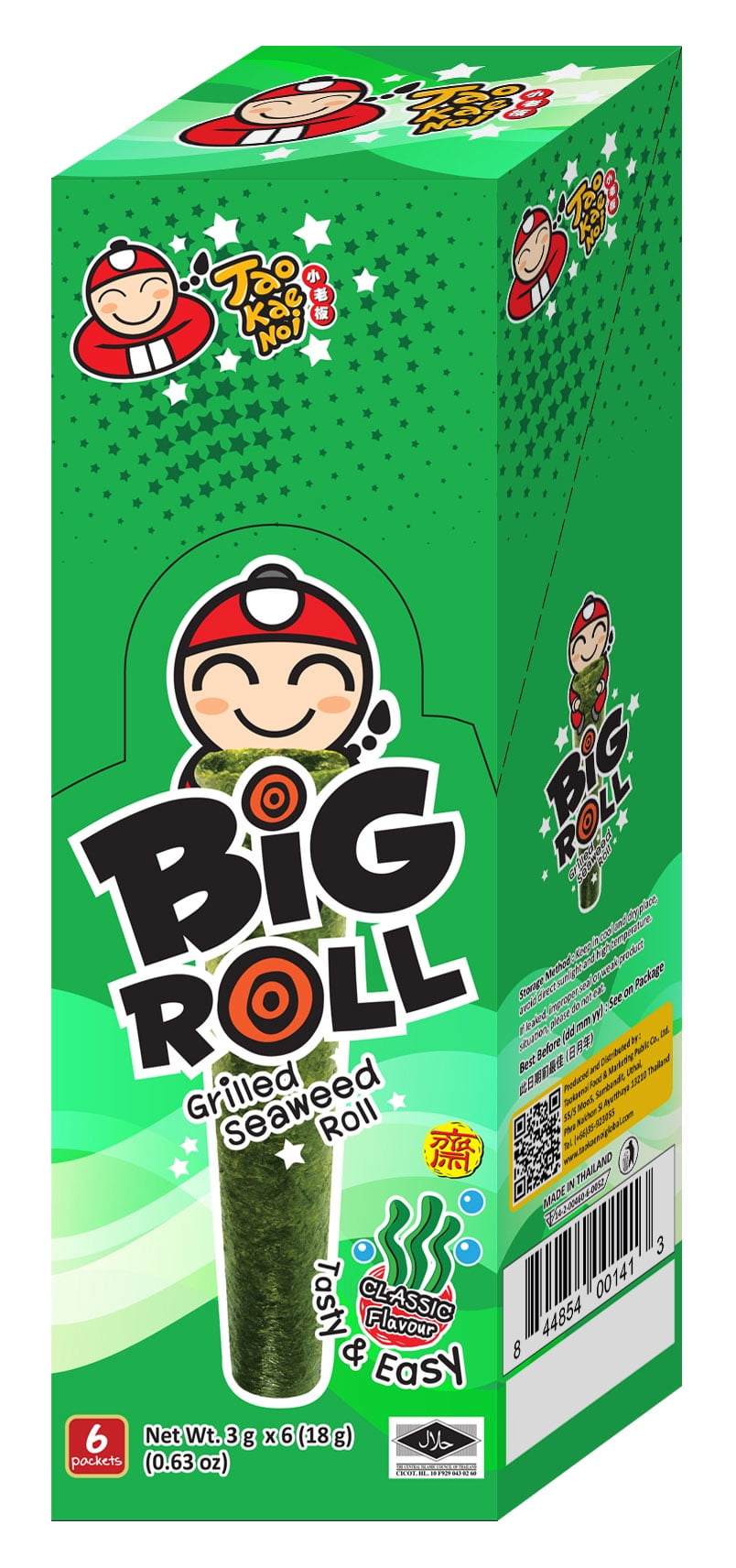 Tao Kae Noi Classic Flavor Grilled Seaweed Roll Snack, 0.63 oz, 6 Count Box