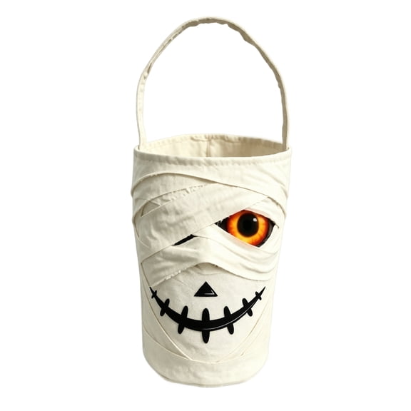 Halloween Mummy Candy Bucket Trick or Treat Tote Bag with Handle Fabric Treat Container for Party Favors and Decor