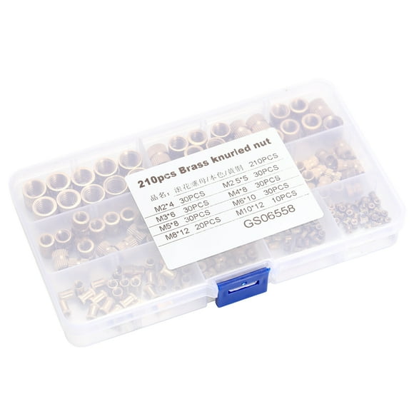 Yeacher 210Pcs Brass Nuts Cylinder Knurled Threaded Round Insert Copper Embedded Nuts Injection Molding Knurled Nut Thread Inserts Nuts