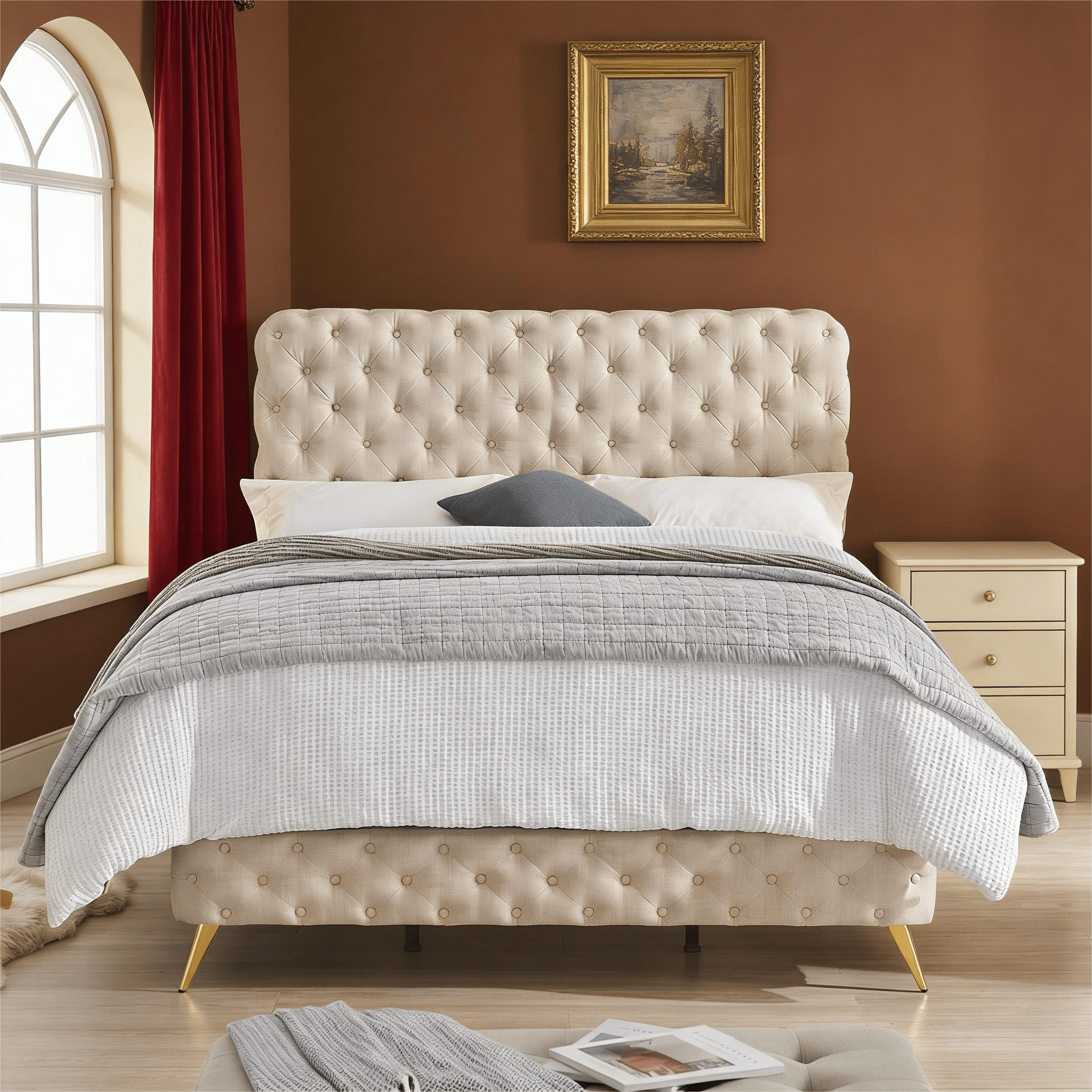 Gewnee Queen Size Bed Frame with Button Tufted Headboard,Upholstered Platform Bed Frame with Adjustable Headboard,Box Spring Required.Beige