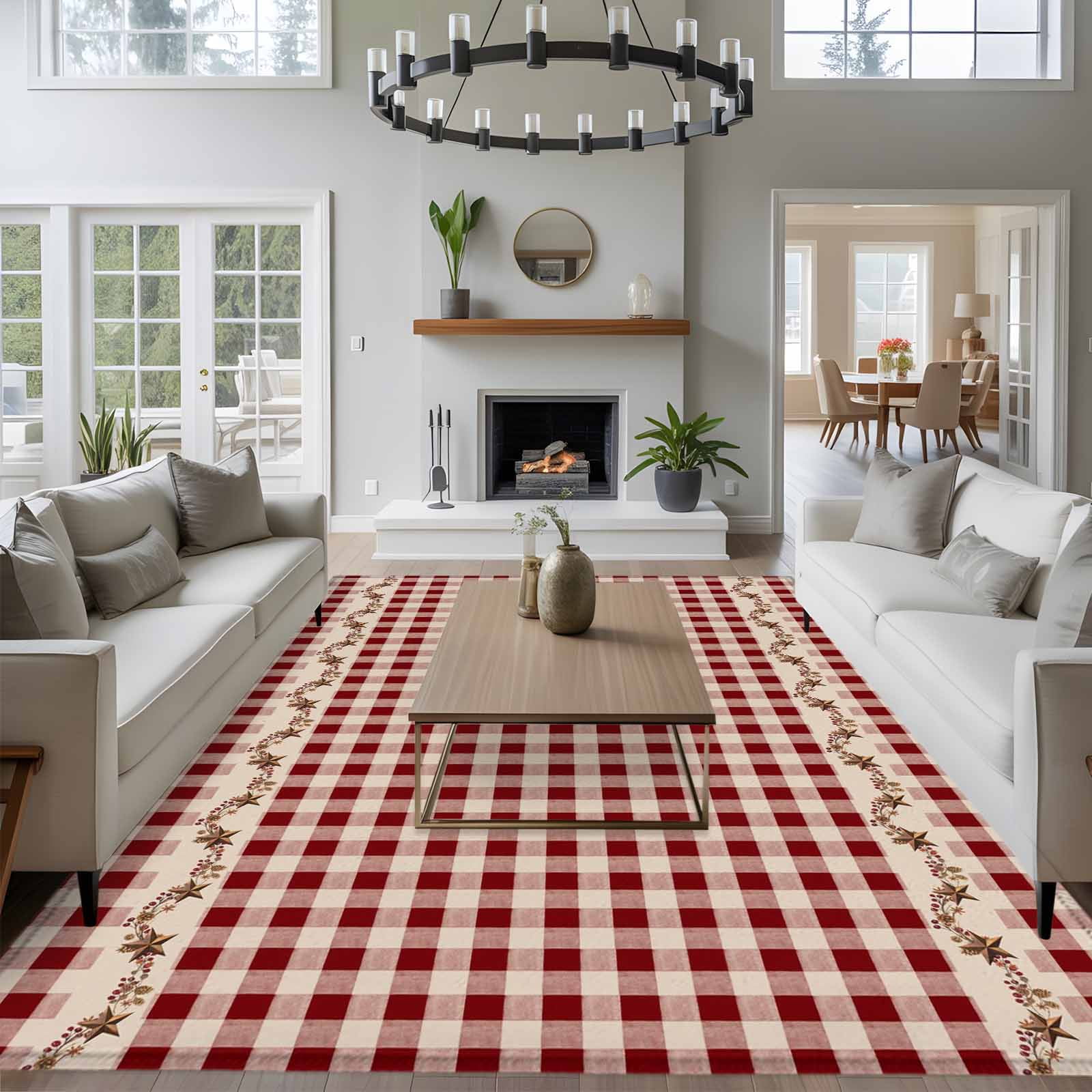 Large Area Rugs for Living Room Bedroom, Western Texas Star Retro 6'x9' Rug Washable Carpet Runner Indoor Outdoor, Country Vintage Red Beige Plaid Non Slip Floor Mats Rug for Kitchen, Playroom