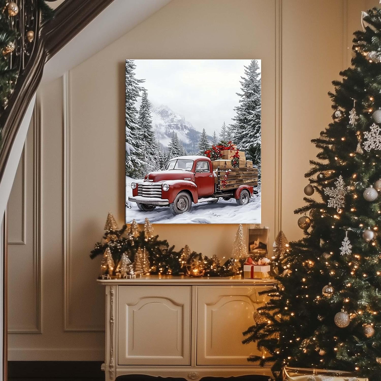 Christmas Canvas Wall Art Decor with Truck on Snowy Road, Gifts and Snow-Covered Pines, Holiday Canvas Print for Living Room and Bedroom, Festive Fixed Canvas for Winter Home Décor,24X30inch