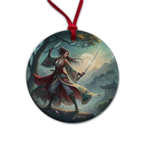 Fantasy Female Warrior Classic Japanese Anime Style Christmas Tree Holiday Round Ceramic Ornament
