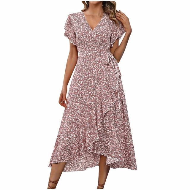 Vestido de Manga Corta para las Mujeres Corbata de Impresión Casual Cuello en V Irregular, Vestido de Verano para las Mujeres
