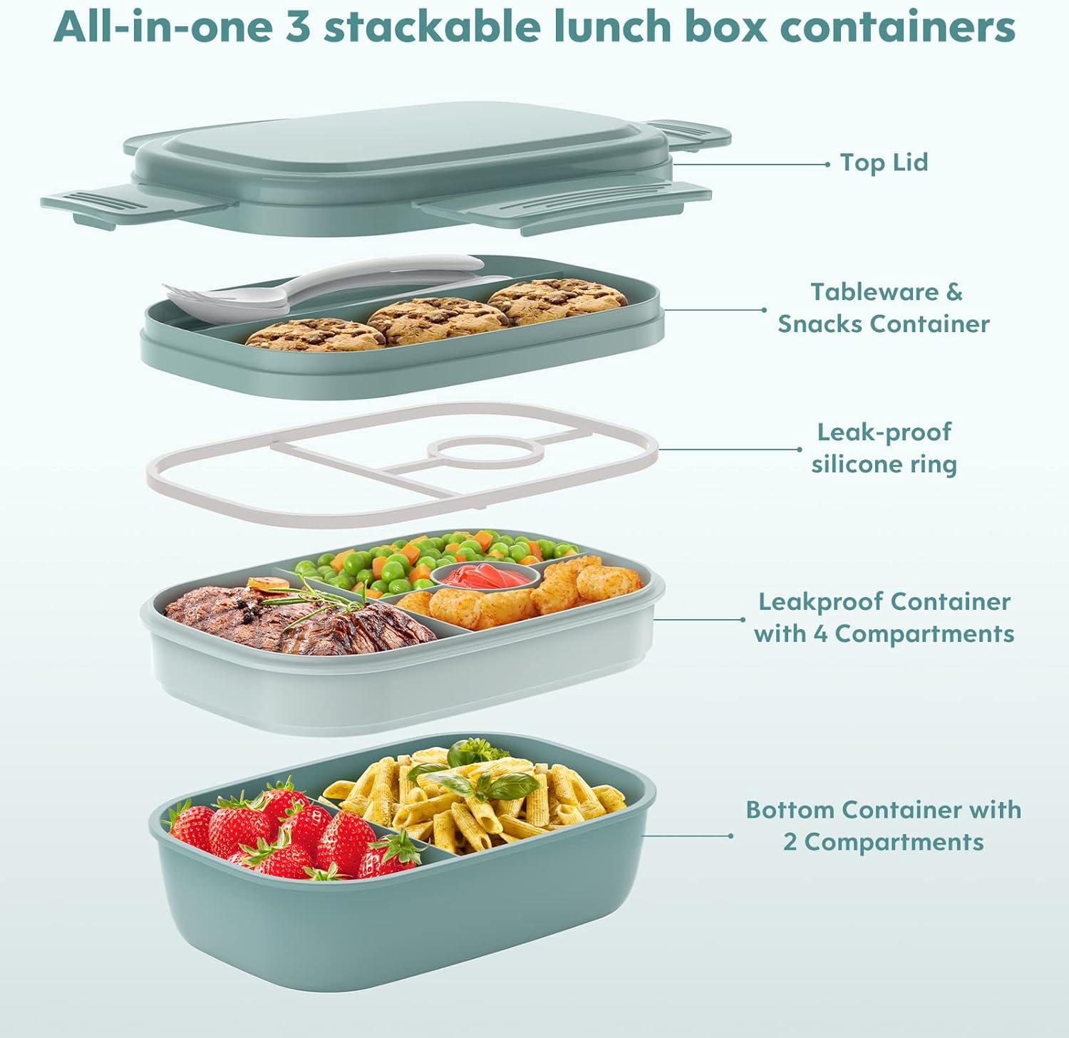 Ahot Adult Lunch Box,3 Stackable Bento Lunch Containers for Adults, Modern Minimalist Design Bento Box with Utensil Set, Leak-Proof Lunchbox for Dining Out, Work, Picnic