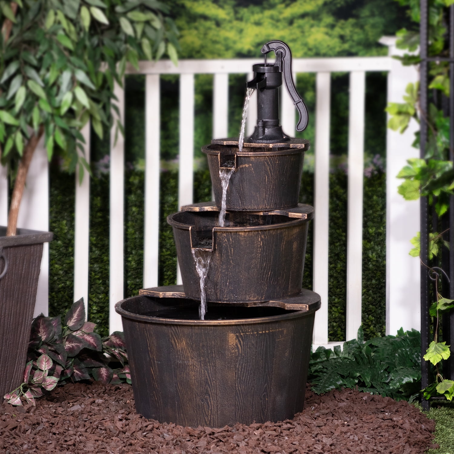 2 Tier Garden Barrel Pump Water Fountain Cascade Outdoor Patio Deck Feature 