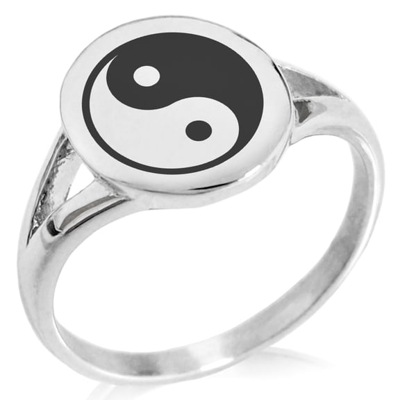 Tioneer Stainless Steel Yin Yang Minimalist Oval Top Polished Statement Signet Ring