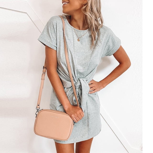 Gspmoly Robes Décontractées pour Femmes, Robe Décontractée pour Femmes à la Mode Colorée à Col Rond avec Lien à Manches Courtes, Robes de Vacances pour Femmes Articles en Liquidation