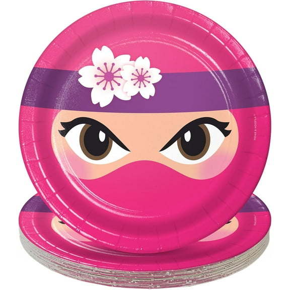 HOME & HOOPLA Pink Ninja Party Supplies - Girl Ninja Round Paper Dessert Plates for 16 Guests