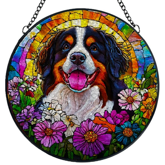 Stained Glass Suncatcher Panel Bernese Mountain Dog under Sunshine Handmade Glass Wingdow Hanging Suncatcher Ornaments Crafts Kits for Memorial and Garden Indoor Decor 6.3"-11