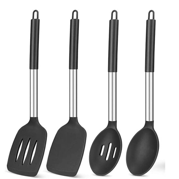 TEAMD 4 Piece Silicone Cooking Tool Set, Non-Stick Heat Resistant Silicone Cookware, BPA Free, Stainless Steel Handles, For Frying, Mixing, Stirring