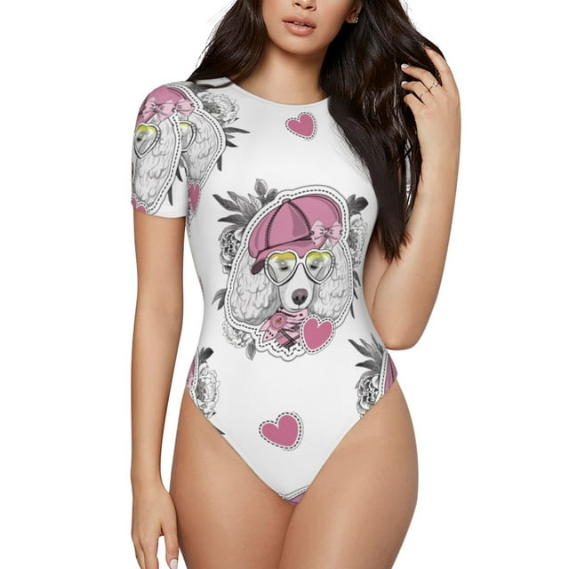 Bingfone Cartoon Poodle Dog Pattern Women's Round Neck Bodysuit, Tight Snap Button Short Sleeve Bodysuit, Suitable for Party, Sports, Daily Wear-XX-Large