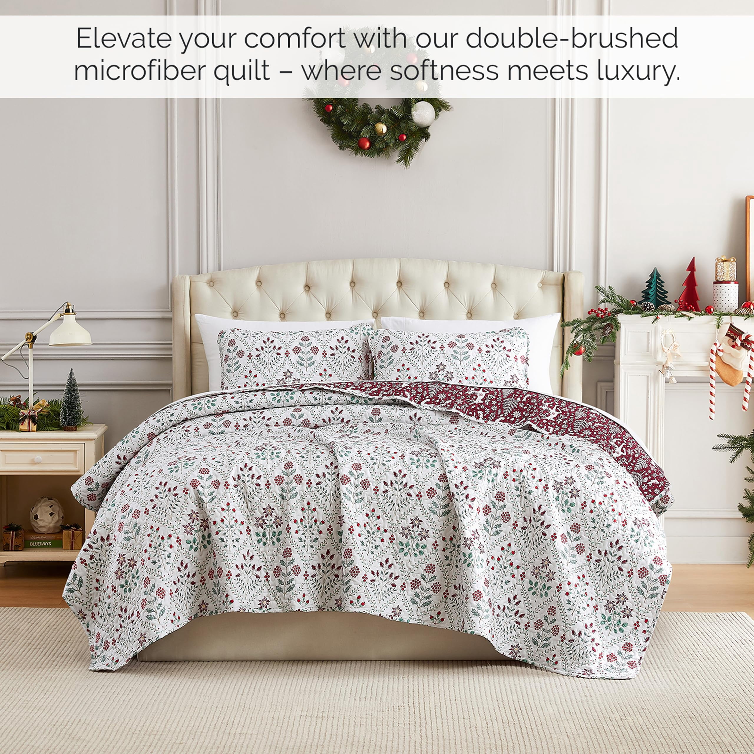 Southshore Fine Living, Inc. Red Christmas Quilt Set, King Size w/ Pillow Shams, Vintage Red & Cream