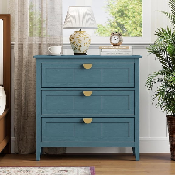 LJAN Blue Wood 3-Drawer Storage Cabinet, Modern Accent Chest with Golden Handles, Large Organizer Table for Living Room, Entryway & Office