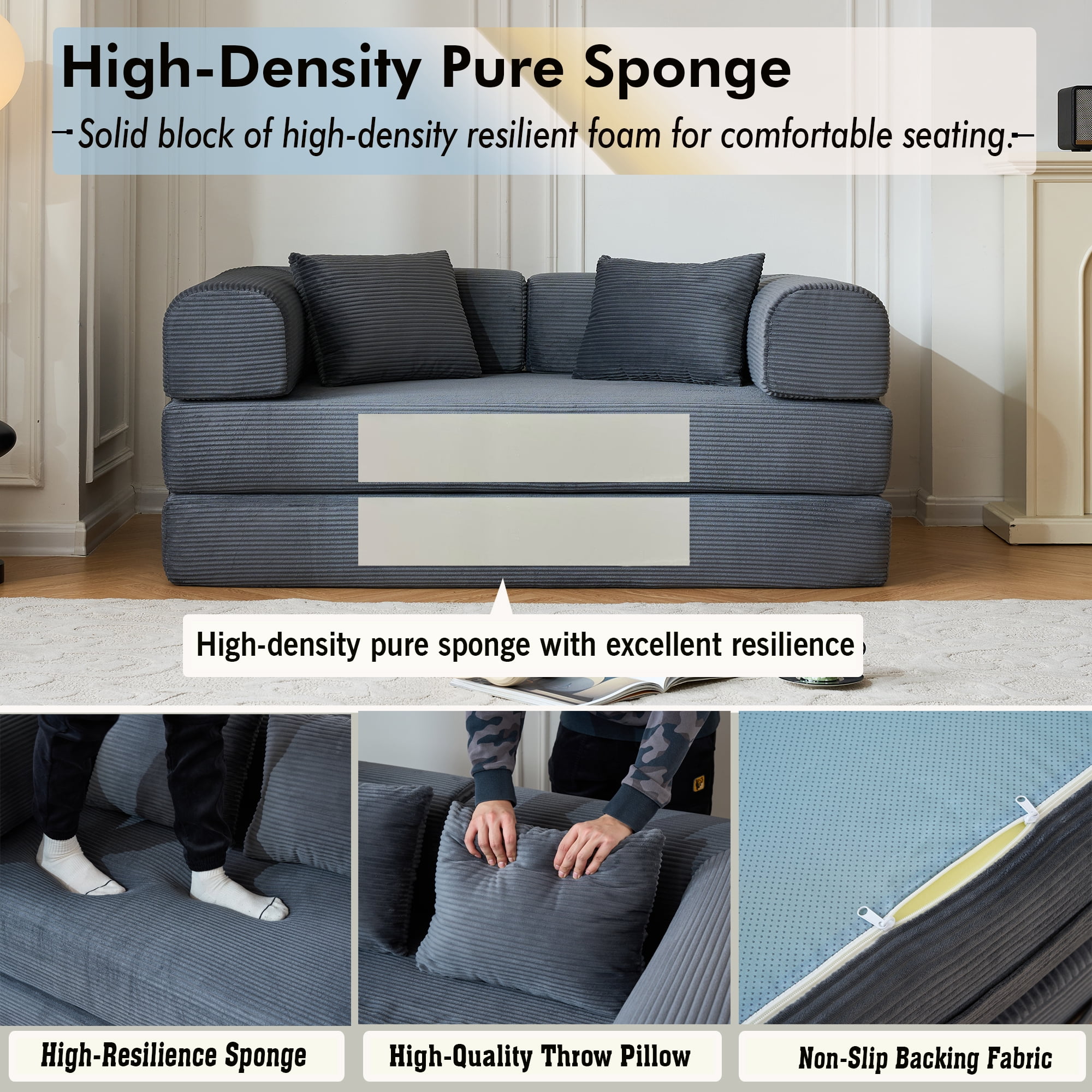 BSHTI 59" Casual Corduroy Convertible Sleeper Sofa Bed with Cylindrical Pillow, No Assembly, Small Space for Living Room（Gray）