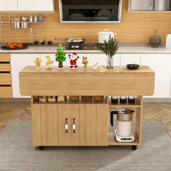 Yoneston Kitchen Island Cart, Multi-Functional Foldable Dining Table with 5 Storage Shelves & Wheels, Folding Table for Kitchen Dorm Office, Natural