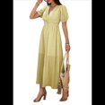 thumbnail image 3 of Vestido Midi Informal de Verano para Mujer, con Mangas Abullonadas, Escote en V, Fruncido, Botones Al Frente, Abertura, Estilo Bohemio, 2025 Amarillo L, 3 of 10