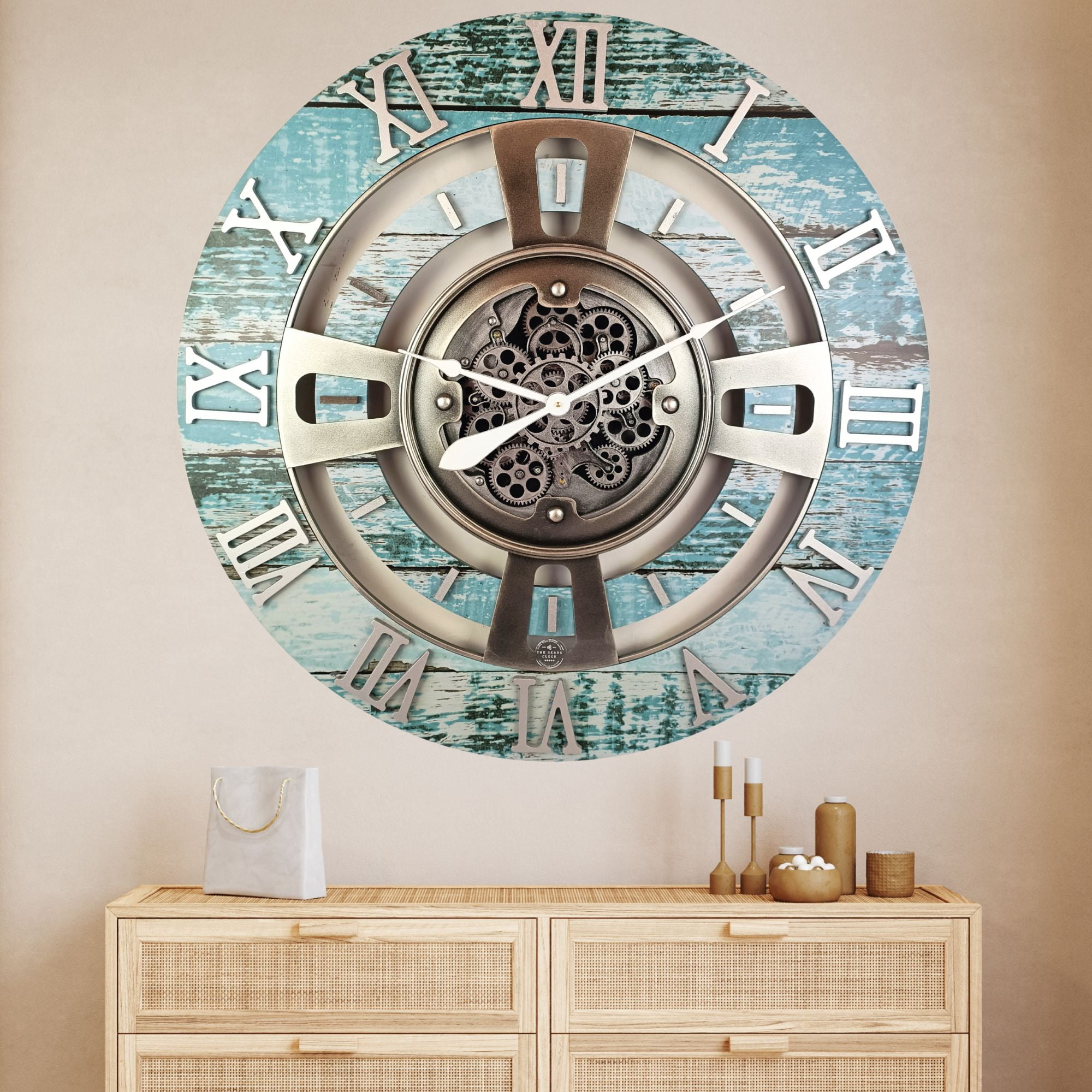 THE GEARS CLOCK Wall Clock with Real Moving Gears EN-LI_ 36 in Round Aqua-Green