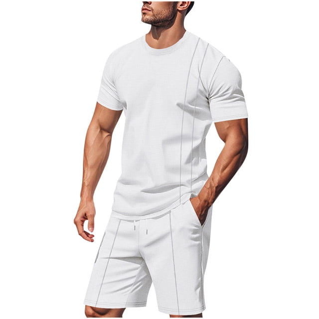Mens Camisas de Manga Corta Casual, Nuevo Estilo de la Moda, Cuello Redondo de la Parte Superior Del Cordón de la Cintura Pantalones Cortos Conjuntos