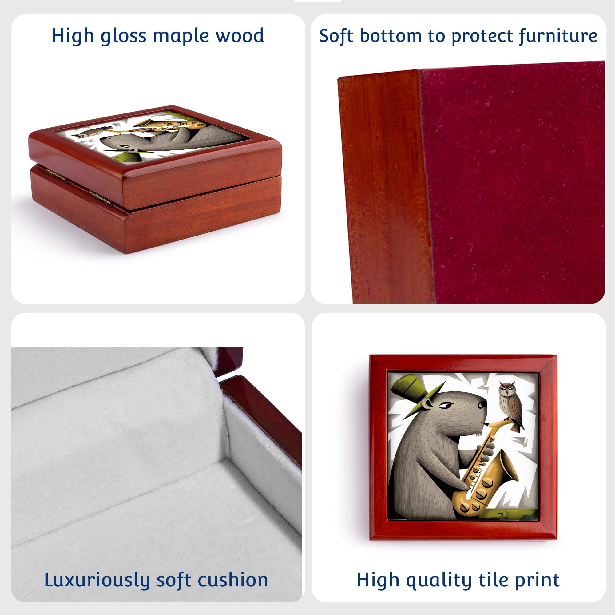 3dRose, Funny Cute Cool Capybara Playing Saxophone Music with Owl Abstract , Jewelry Box 5.5x5.5 inch with 4 inch tile