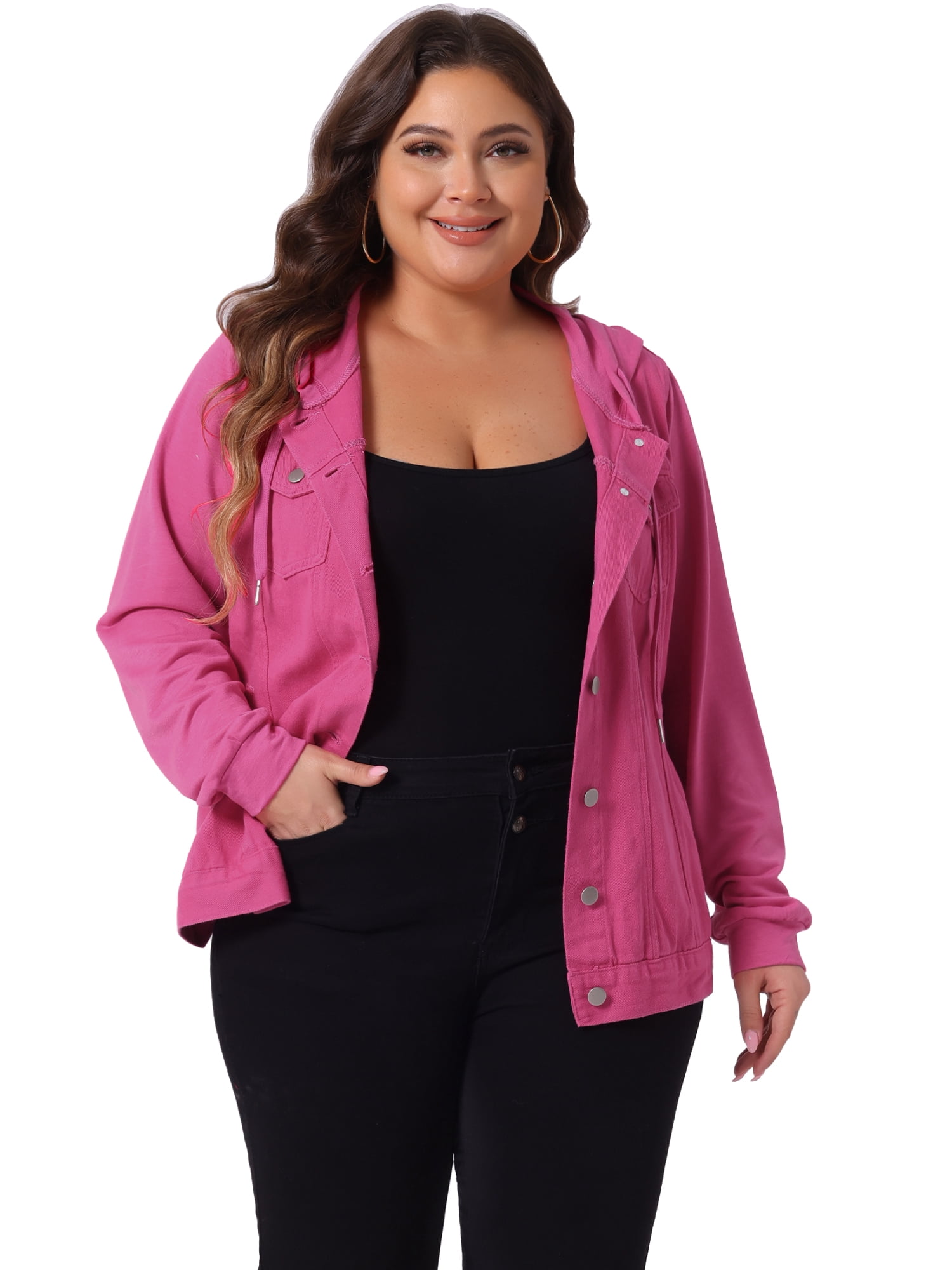 DARING DIVA Women's Plus Size Hood Long Sleeve Hoodie Jean Jacket 2X Hot Pink