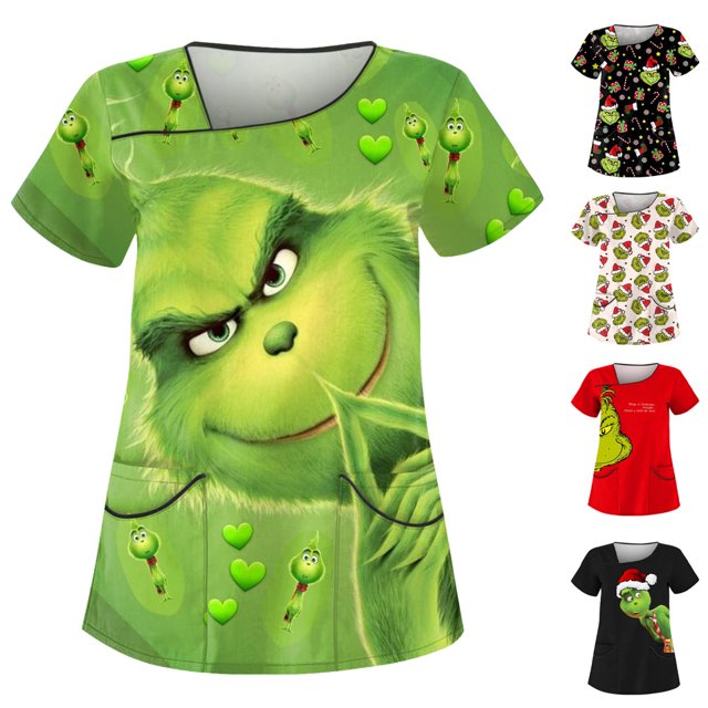 LINMOUA Grinch Women's Slope Collar Double Pocket Christmas Print Work Clothes, Basic Top Pullover