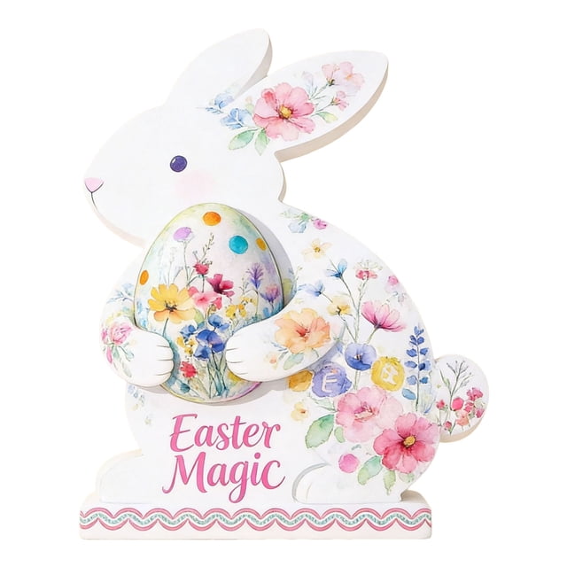 YWIYIUD 1PC Wooden Easter Rabbit Table Decorations Easter Hand Painted Rabbit Ornaments Tabletop Centerpieces Tiered Tray Decor for Spring Easter Indoor Home Party Patio Yard Decor 6.5inch