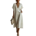 thumbnail image 2 of Karymi Easter Dresses for Women Lace Trim Solid Midi Dress, Loose Fit V-Neck Casual Summer Sundress with Pockets Batwing Short Sleeve Shift Dress Summer Dress, 2 of 7